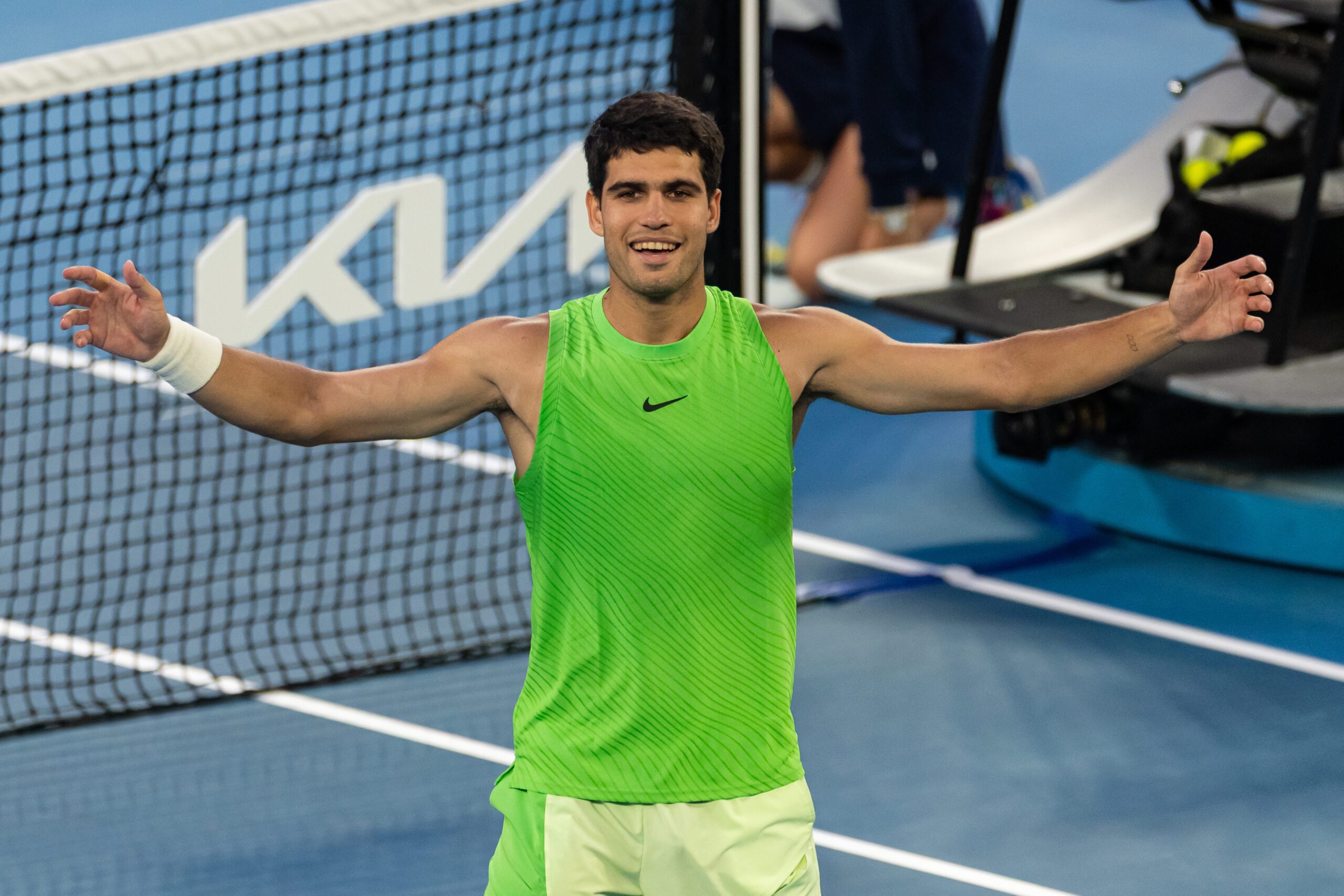 Jan 30, 2026; Melbourne, Victoria, Australia; Carlos Alcaraz of Spain celebrates his victory over Alexander Zverev of Germany in the semifinals of the menís singles at the Australian Open at Rod Laver Arena in Melbourne Park. Mandatory Credit: Mike Frey-Imagn Images