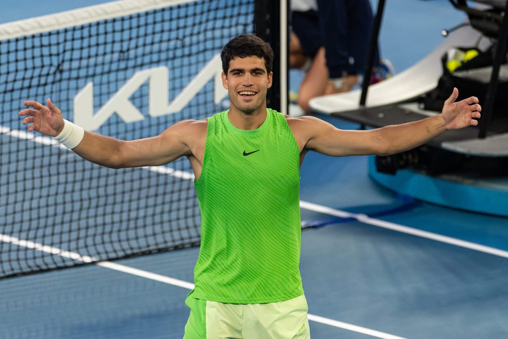 Jan 30, 2026; Melbourne, Victoria, Australia; Carlos Alcaraz of Spain celebrates his victory over Alexander Zverev of Germany in the semifinals of the menís singles at the Australian Open at Rod Laver Arena in Melbourne Park. Mandatory Credit: Mike Frey-Imagn Images