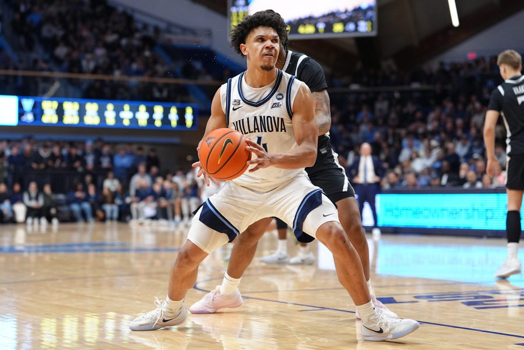 Jan 30, 2026; Villanova, Pennsylvania, USA; Villanova Wildcats guard Tyler Perkins (4) drives with the ball against the Providence Friars in the first half at William B. Finneran Pavilion. Mandatory Credit: Kyle Ross-Imagn Images
