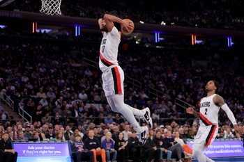 Jan 30, 2026; New York, New York, USA; Portland Trail Blazers guard Shaedon Sharpe (17) dunks against the New York Knicks during the fourth quarter at Madison Square Garden. Mandatory Credit: Brad Penner-Imagn Images