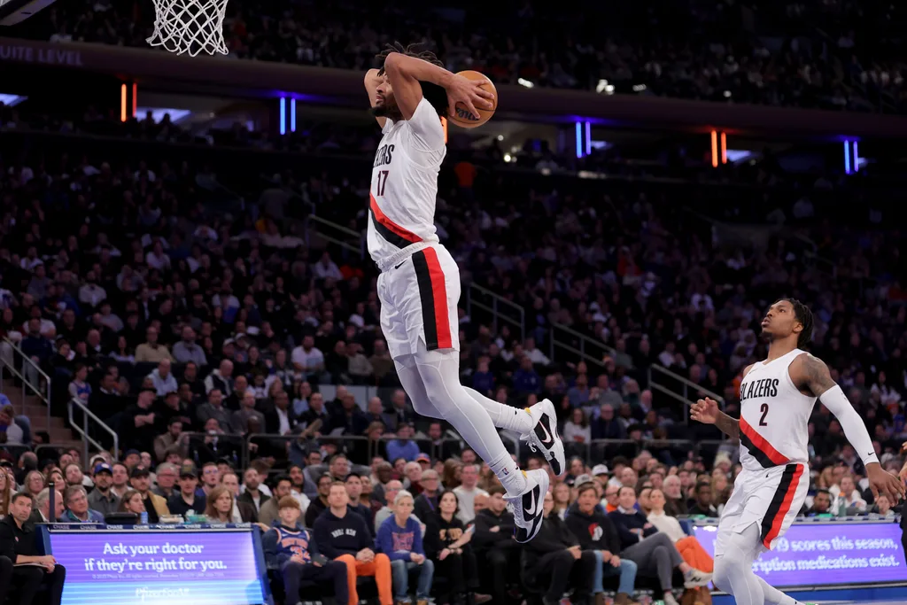 Jan 30, 2026; New York, New York, USA; Portland Trail Blazers guard Shaedon Sharpe (17) dunks against the New York Knicks during the fourth quarter at Madison Square Garden. Mandatory Credit: Brad Penner-Imagn Images