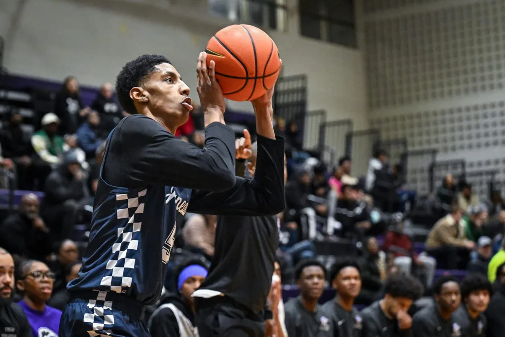 Milwaukee Juneau forward Corey Collins (5) takes a 3-point shot against Milwaukee Bradley Tech in a game Friday, January 30, 2026, at Bradley Tech High School in Milwaukee, Wisconsin.