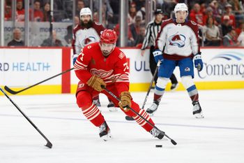Jan 31, 2026; Detroit, Michigan, USA;  Detroit Red Wings center Dylan Larkin (71) skates with the puck in the second period against the Colorado Avalanche at Little Caesars Arena. Mandatory Credit: Rick Osentoski-Imagn Images
