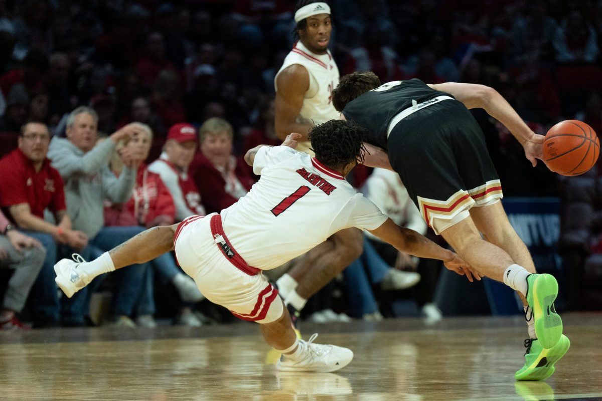 Northern Illinois Huskies guard Makhai Valentine (1) fouls Miami RedHawks guard Peter Suder (5) in the first half of the NCAA Basketball game at Millett Hall in Oxford, Ohio, on Saturday, January 31, 2026.