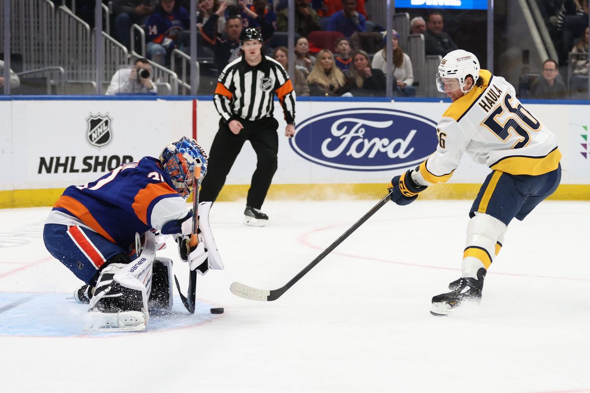 Jan 31, 2026; Elmont, New York, USA;  New York Islanders goaltender Ilya Sorokin (30) makes a save on a shot on goal attempt from Nashville Predators left wing Erik Haula (56) in the first period at UBS Arena. Mandatory Credit: Wendell Cruz-Imagn Images