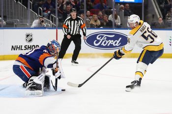Jan 31, 2026; Elmont, New York, USA;  New York Islanders goaltender Ilya Sorokin (30) makes a save on a shot on goal attempt from Nashville Predators left wing Erik Haula (56) in the first period at UBS Arena. Mandatory Credit: Wendell Cruz-Imagn Images