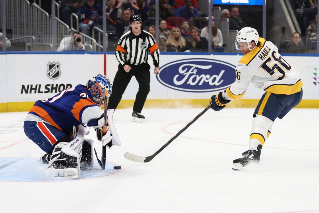 Jan 31, 2026; Elmont, New York, USA; New York Islanders goaltender Ilya Sorokin (30) makes a save on a shot on goal attempt from Nashville Predators left wing Erik Haula (56) in the first period at UBS Arena. Mandatory Credit: Wendell Cruz-Imagn Images