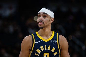 Jan 31, 2026; Indianapolis, Indiana, USA; Indiana Pacers guard/forward Andrew Nembhard (2) in the first half against the Atlanta Hawks at Gainbridge Fieldhouse. Mandatory Credit: Trevor Ruszkowski-Imagn Images
