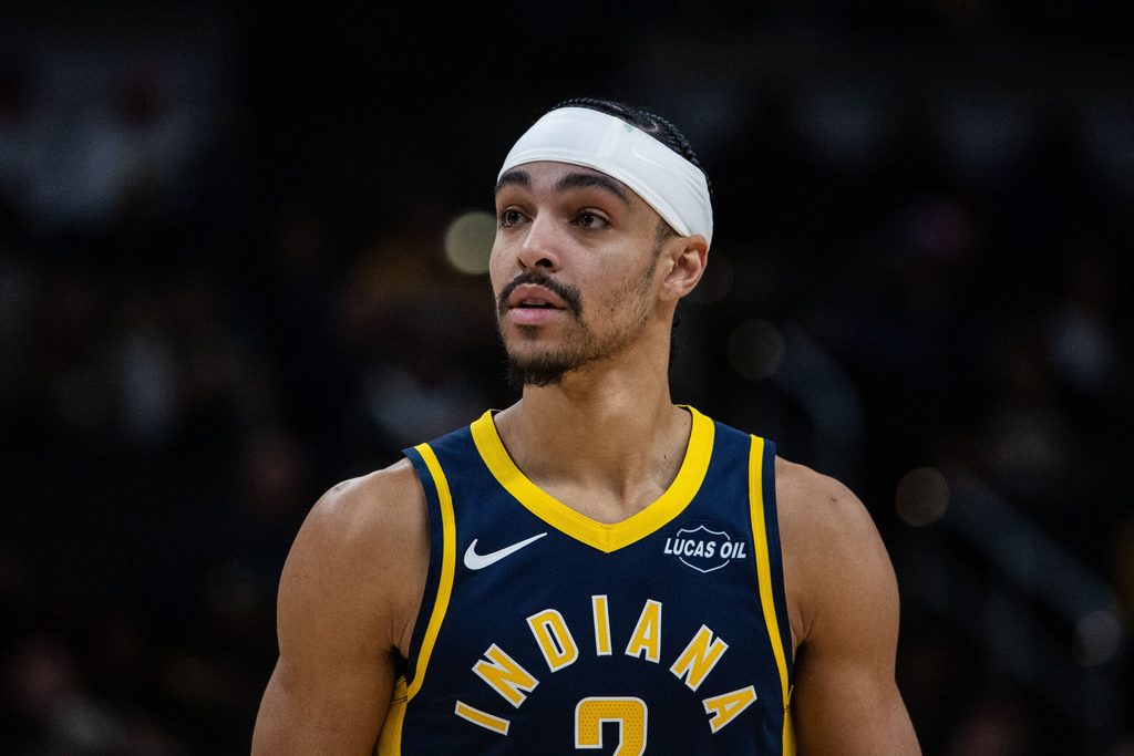 Jan 31, 2026; Indianapolis, Indiana, USA; Indiana Pacers guard/forward Andrew Nembhard (2) in the first half against the Atlanta Hawks at Gainbridge Fieldhouse. Mandatory Credit: Trevor Ruszkowski-Imagn Images