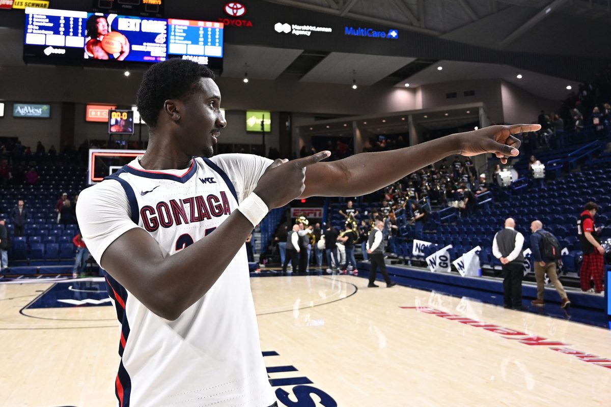 Jan 31, 2026; Spokane, Washington, USA; Gonzaga Bulldogs center Ismaila Diagne (24) celebrates after a game against the Saint Mary's Gaels at McCarthey Athletic Center. Gonzaga Bulldogs won 73-65. Mandatory Credit: James Snook-Imagn Images