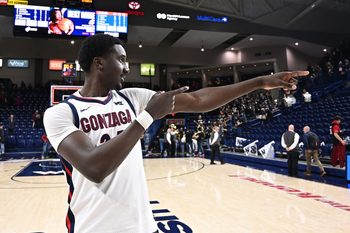 Jan 31, 2026; Spokane, Washington, USA; Gonzaga Bulldogs center Ismaila Diagne (24) celebrates after a game against the Saint Mary's Gaels at McCarthey Athletic Center. Gonzaga Bulldogs won 73-65. Mandatory Credit: James Snook-Imagn Images