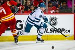 Jan 31, 2026; Calgary, Alberta, CAN; San Jose Sharks right wing Collin Graf (51) skates against the Calgary Flames during the third period at Scotiabank Saddledome. Mandatory Credit: Sergei Belski-Imagn Images
