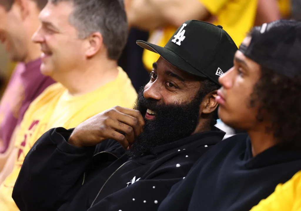 Jan 31, 2026; Tempe, Arizona, USA; Arizona State Sun Devils former player James Harden sits courtside during the game against the Arizona Wildcats in the second half at Desert Financial Arena. Mandatory Credit: Mark J. Rebilas-Imagn Images