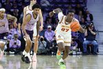 Feb 1, 2026; Manhattan, Kansas, USA; Iowa State Cyclones guard Killyan Toure (27) brings the ball up court during the second half against the Kansas State Wildcats at Bramlage Coliseum. Mandatory Credit: Scott Sewell-Imagn Images