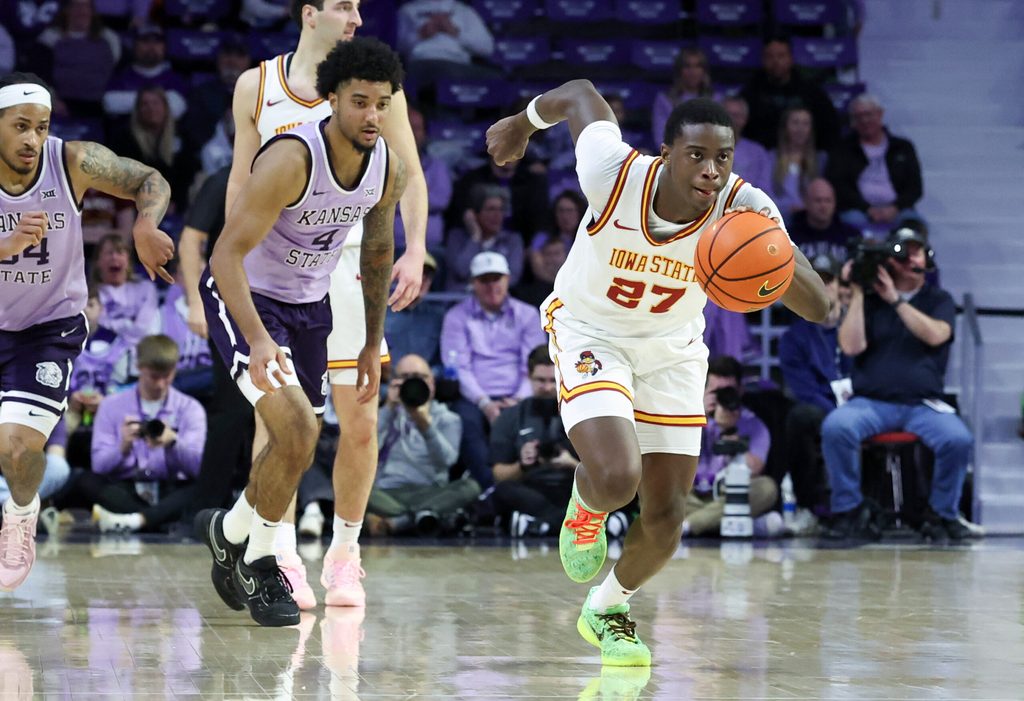 Feb 1, 2026; Manhattan, Kansas, USA; Iowa State Cyclones guard Killyan Toure (27) brings the ball up court during the second half against the Kansas State Wildcats at Bramlage Coliseum. Mandatory Credit: Scott Sewell-Imagn Images
