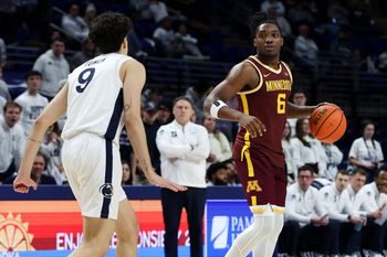 Feb 1, 2026; University Park, Pennsylvania, USA; Minnesota Golden Gophers guard Langston Reynolds (6) dribbles the ball as Penn State Nittany Lions guard Melih Tunca (9) defends during the second half at Bryce Jordan Center. Mandatory Credit: Matthew O'Haren-Imagn Images