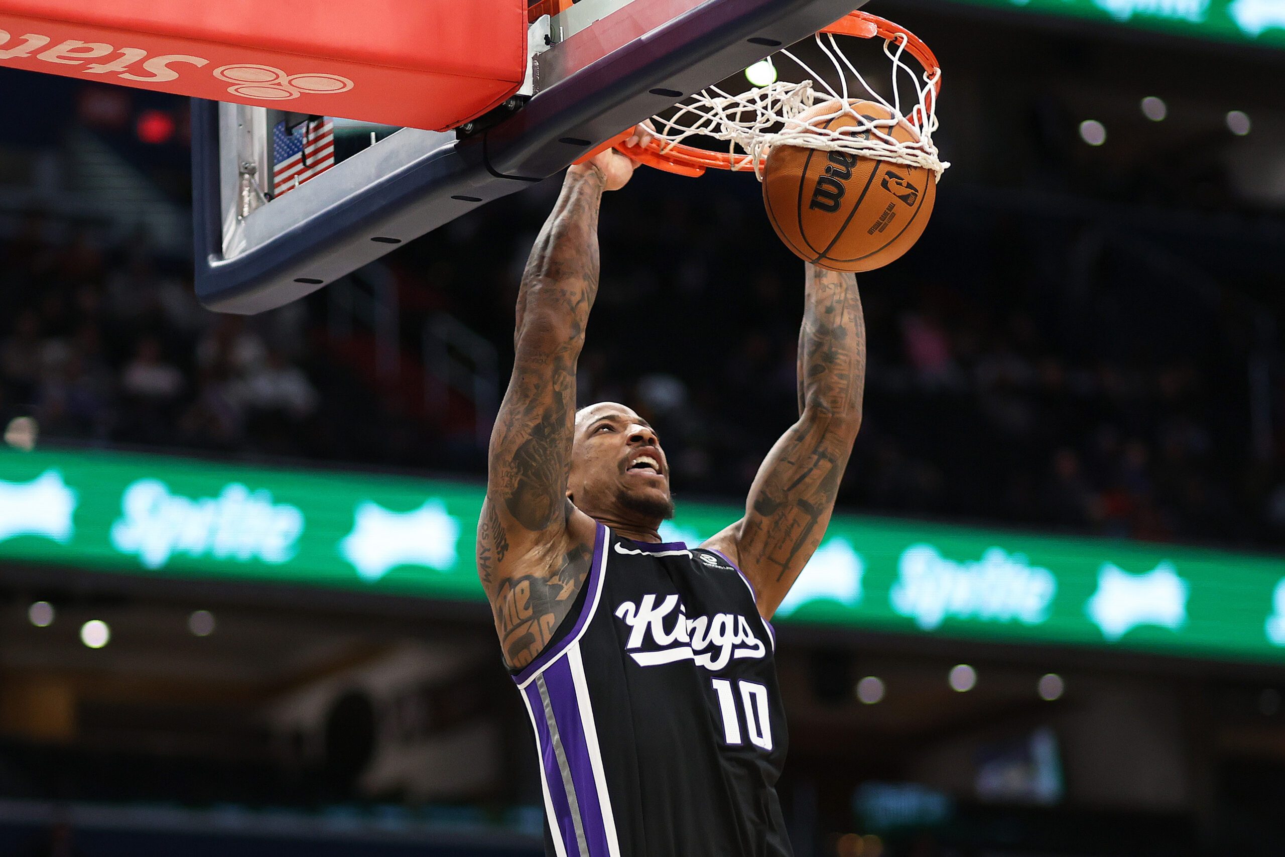 Feb 1, 2026; Washington, District of Columbia, USA; Sacramento Kings guard DeMar DeRozan (10) dunks during the second half against the Washington Wizards at Capital One Arena. Mandatory Credit: Daniel Kucin Jr.-Imagn Images