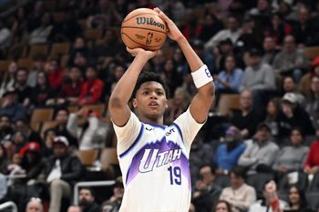 Feb 1, 2026; Toronto, Ontario, CAN;  Utah Jazz guard Ace Bailey (19) shoots the ball against the Toronto Raptors in the second half at Scotiabank Arena. Mandatory Credit: Dan Hamilton-Imagn Images