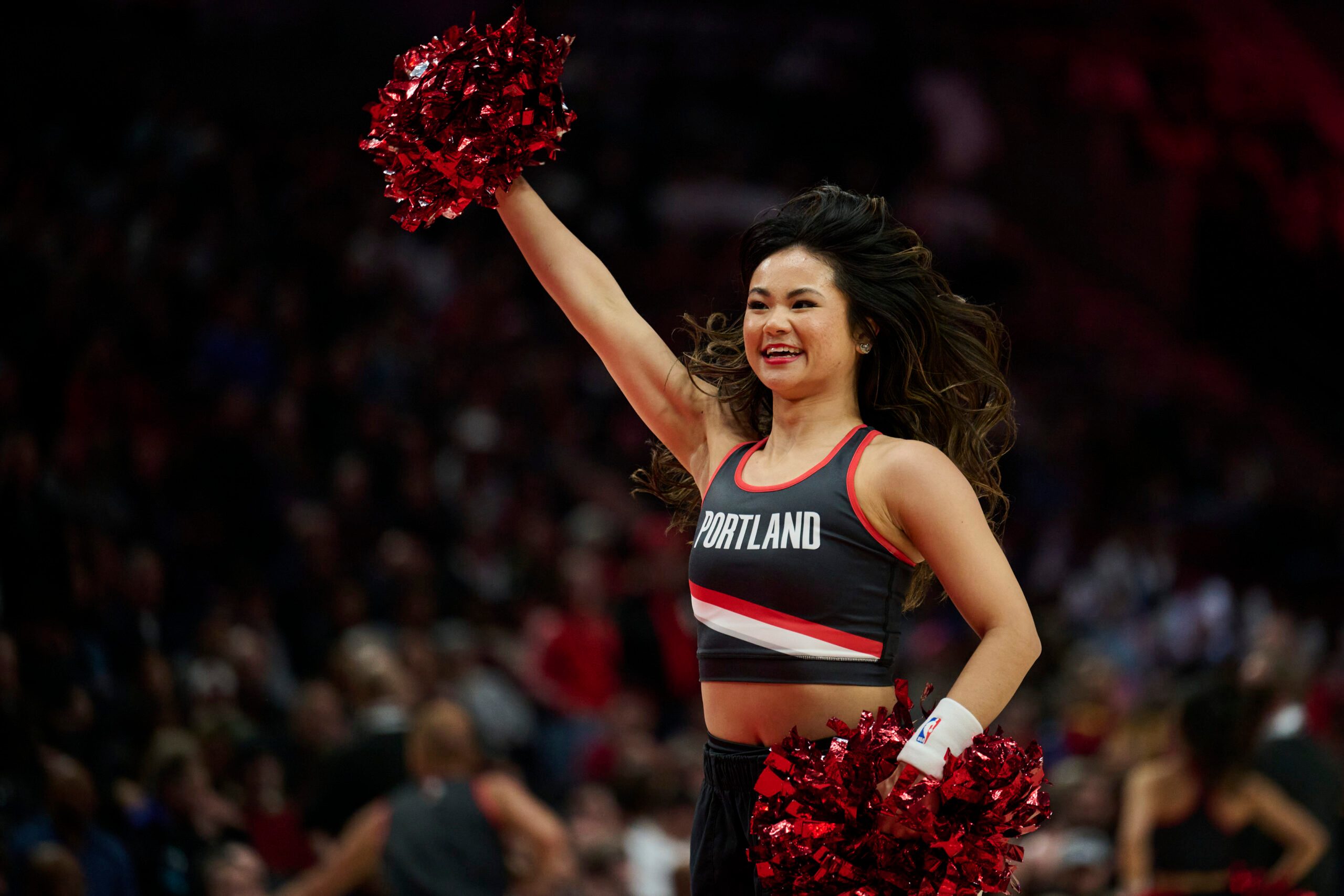 Feb 1, 2026; Portland, Oregon, USA; The Blazer Dancers perform during the second half during a time out in a game between the Cleveland Cavaliers and the Portland Trail Blazers at Moda Center. Mandatory Credit: Troy Wayrynen-Imagn Images