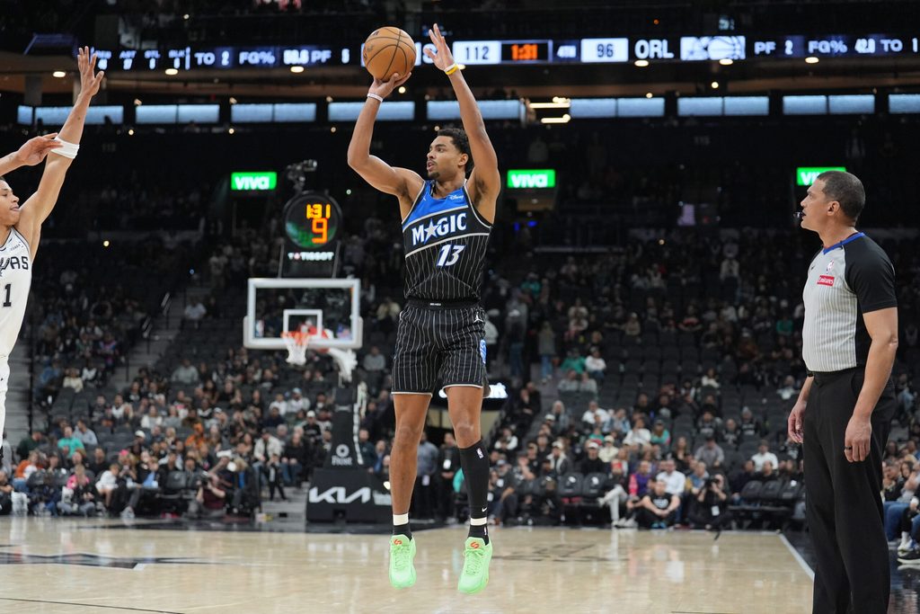 Feb 1, 2026; San Antonio, Texas, USA; Orlando Magic guard Jett Howard (13) shoots in the second half against the San Antonio Spurs at Frost Bank Center. Mandatory Credit: Daniel Dunn-Imagn Images
