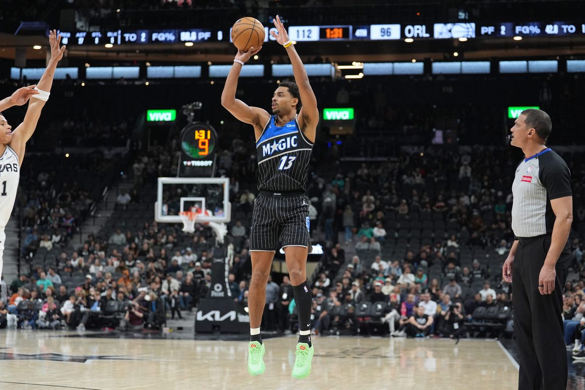 Feb 1, 2026; San Antonio, Texas, USA; Orlando Magic guard Jett Howard (13) shoots in the second half against the San Antonio Spurs at Frost Bank Center. Mandatory Credit: Daniel Dunn-Imagn Images