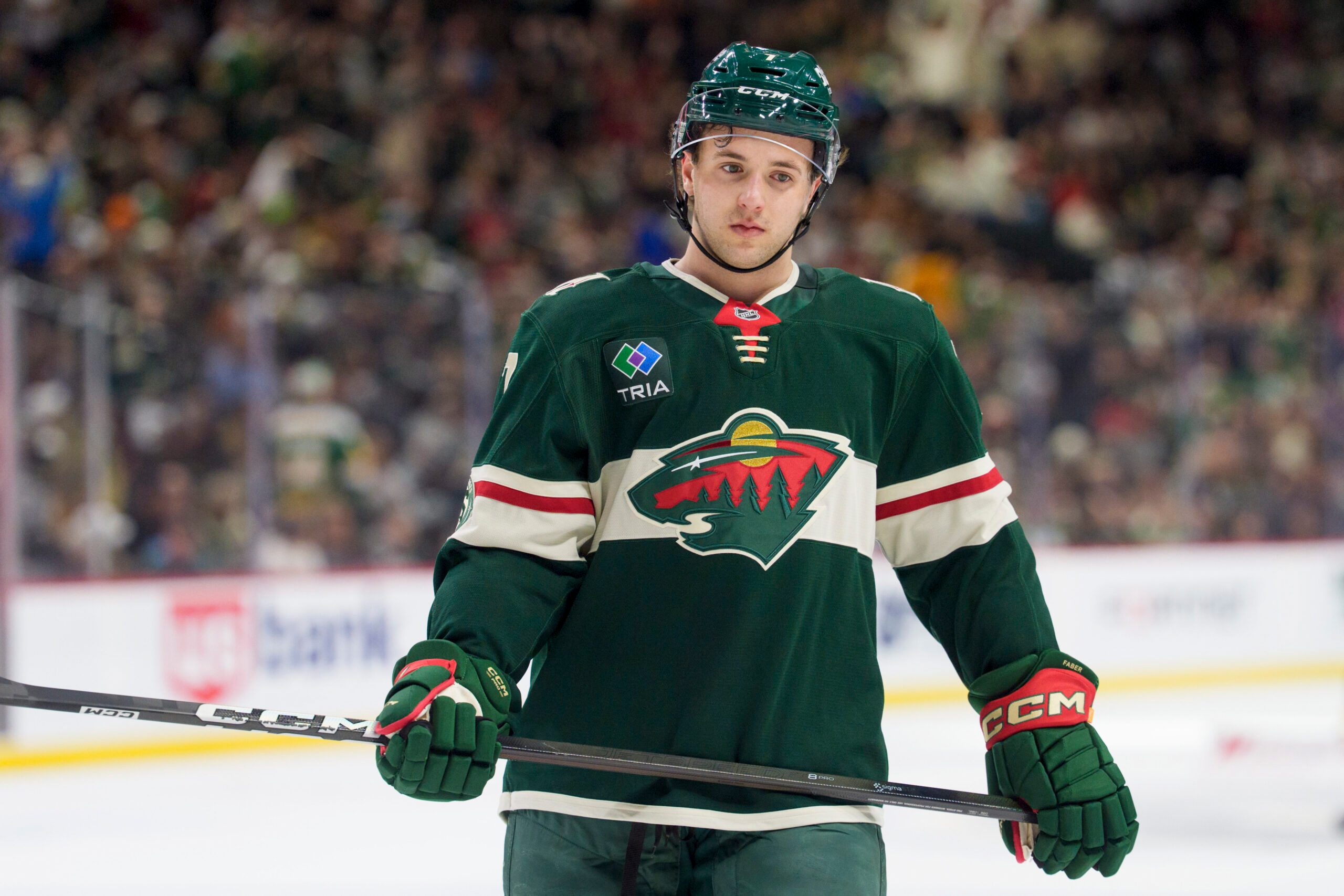 Feb 2, 2026; Saint Paul, Minnesota, USA; Minnesota Wild defenseman Brock Faber (7) during a stoppage in play against the Montreal Canadiens in the first period at Grand Casino Arena. Mandatory Credit: Matt Blewett-Imagn Images