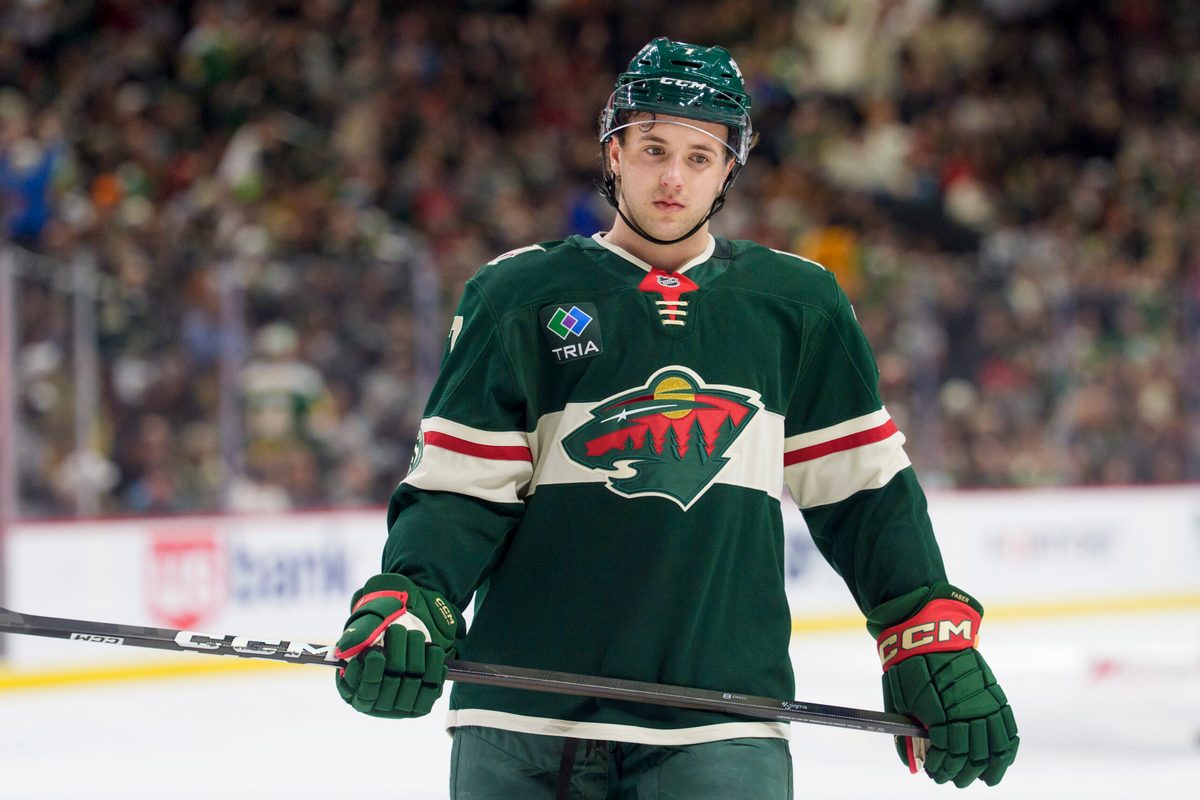 Feb 2, 2026; Saint Paul, Minnesota, USA; Minnesota Wild defenseman Brock Faber (7) during a stoppage in play against the Montreal Canadiens in the first period at Grand Casino Arena. Mandatory Credit: Matt Blewett-Imagn Images