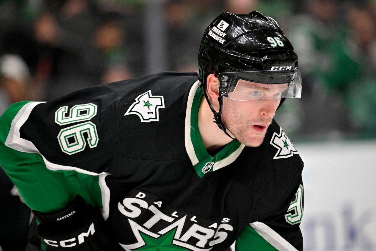 Feb 2, 2026; Dallas, Texas, USA; Dallas Stars right wing Mikko Rantanen (96) look on during the third period against the Winnipeg Jets at the American Airlines Center. Mandatory Credit: Jerome Miron-Imagn Images