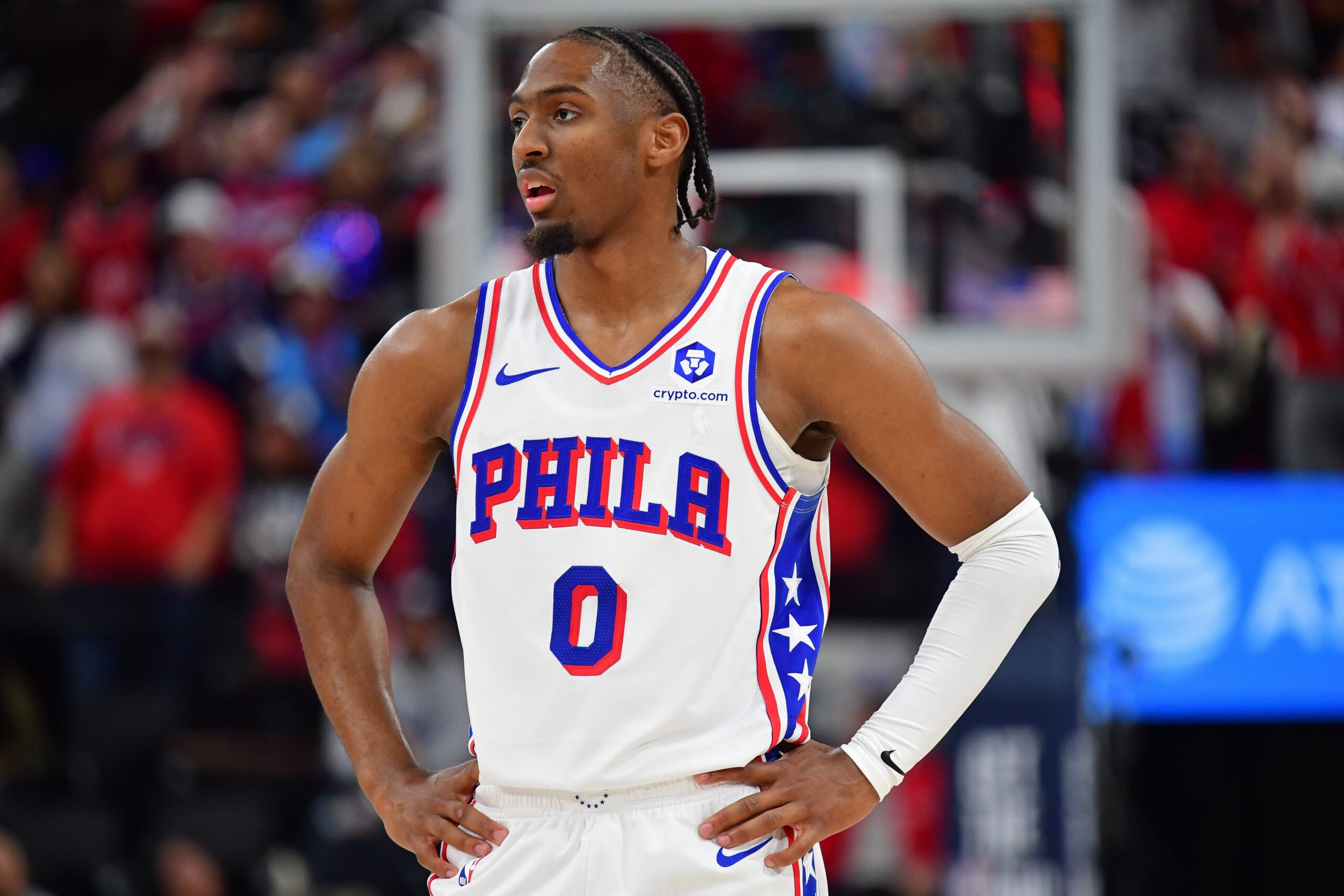 Feb 2, 2026; Inglewood, California, USA; Philadelphia 76ers guard Tyrese Maxey (0) during the second half at Intuit Dome. Mandatory Credit: Gary A. Vasquez-Imagn Images