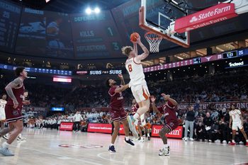Feb 3, 2026; Austin, Texas, USA; Texas Longhorns center Matas Vokietaitis (8) shoots a layup during the first half against the South Carolina Gamecocks at Moody Center. Mandatory Credit: Dustin Safranek-Imagn Images