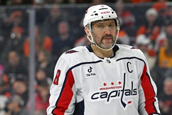 Feb 3, 2026; Philadelphia, Pennsylvania, USA; Washington Capitals left wing Alex Ovechkin (8) against the Philadelphia Flyers during the second period at Xfinity Mobile Arena. Mandatory Credit: Eric Hartline-Imagn Images