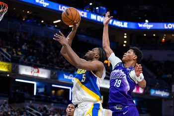 Feb 3, 2026; Indianapolis, Indiana, USA; Indiana Pacers forward Jarace Walker (5) shoots the ball while Utah Jazz forward Ace Bailey (19) defends in the second half at Gainbridge Fieldhouse. Mandatory Credit: Trevor Ruszkowski-Imagn Images
