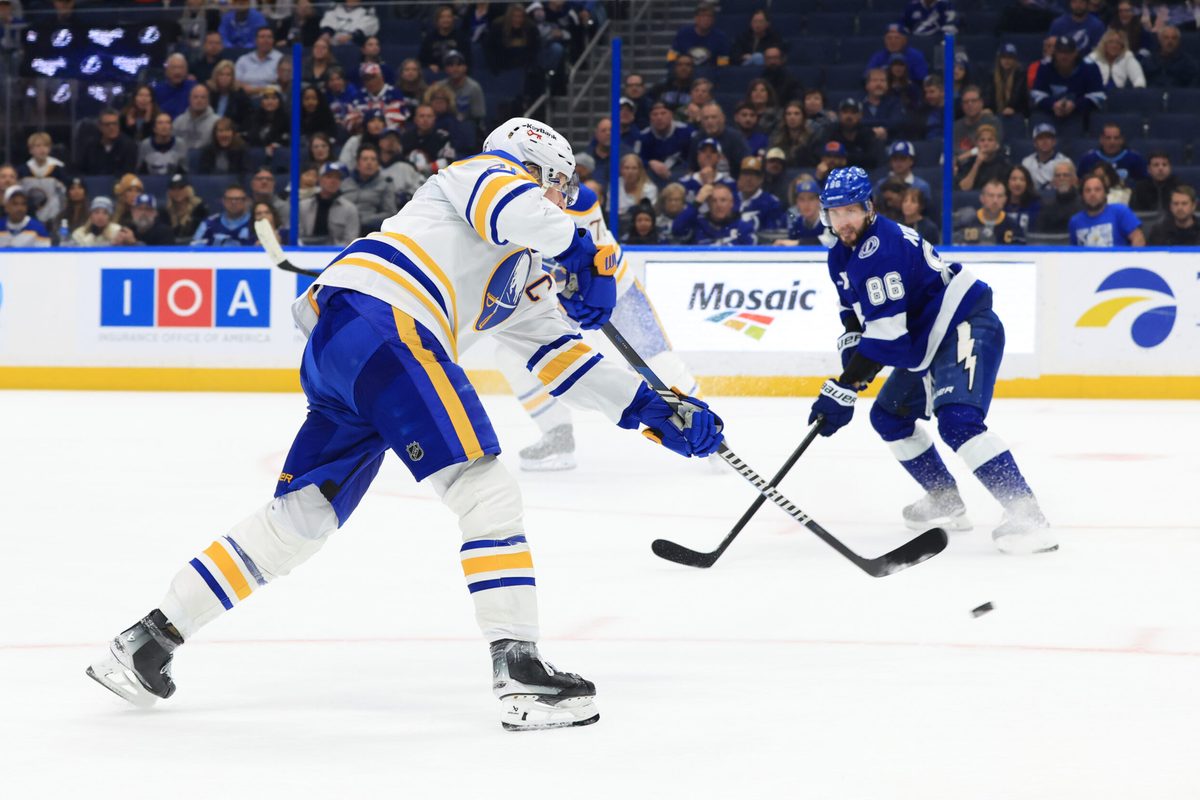Feb 3, 2026; Tampa, Florida, USA; Buffalo Sabres defenseman Rasmus Dahlin (26) shoots against the Tampa Bay Lightning during the overtime period at Benchmark International Arena. Mandatory Credit: Kim Klement Neitzel-Imagn Images