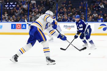 Feb 3, 2026; Tampa, Florida, USA; Buffalo Sabres defenseman Rasmus Dahlin (26) shoots against the Tampa Bay Lightning during the overtime period at Benchmark International Arena. Mandatory Credit: Kim Klement Neitzel-Imagn Images