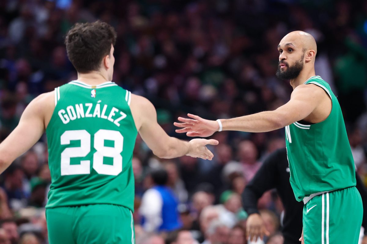 Feb 3, 2026; Dallas, Texas, USA; Boston Celtics guard Derrick White (9) celebrates with Boston Celtics guard Hugo Gonzalez (28) during the second half against the Dallas Mavericks at American Airlines Center. Mandatory Credit: Kevin Jairaj-Imagn Images