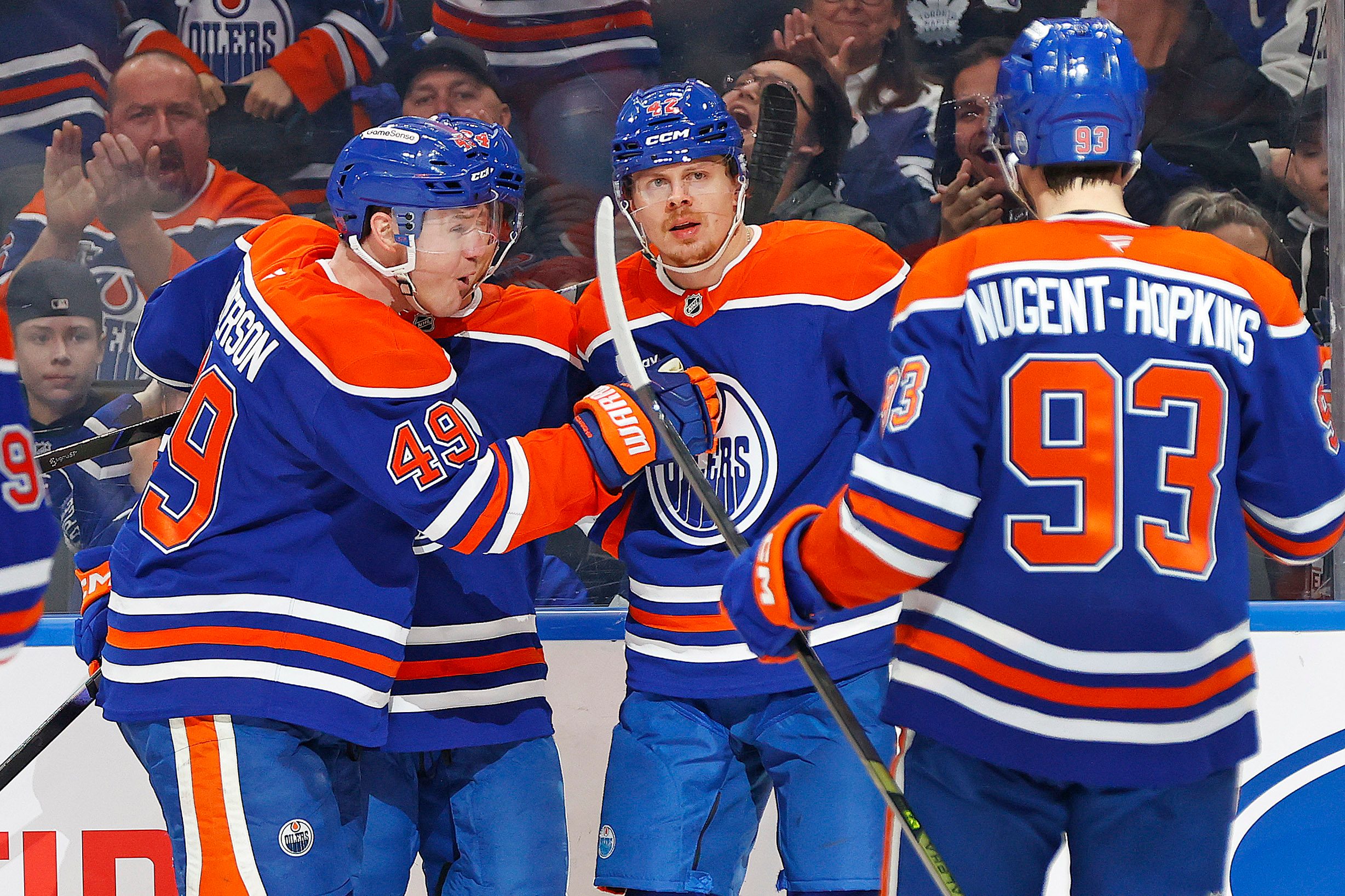 Feb 3, 2026; Edmonton, Alberta, CAN; The Edmonton Oilers celebrate a goal scored by forward Kasperi Kapanen (42) during the third period against the Toronto Maple Leafs at Rogers Place. Mandatory Credit: Perry Nelson-Imagn Images