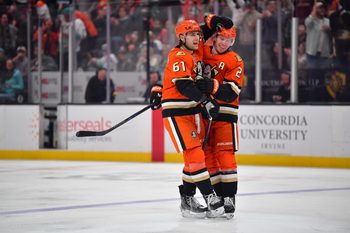 Feb 3, 2026; Anaheim, California, USA; Anaheim Ducks left wing Cutter Gauthier (61) celebrates his goal scored against the Seattle Kraken with defenseman Jackson LaCombe (2) during the second period at Honda Center. Mandatory Credit: Gary A. Vasquez-Imagn Images