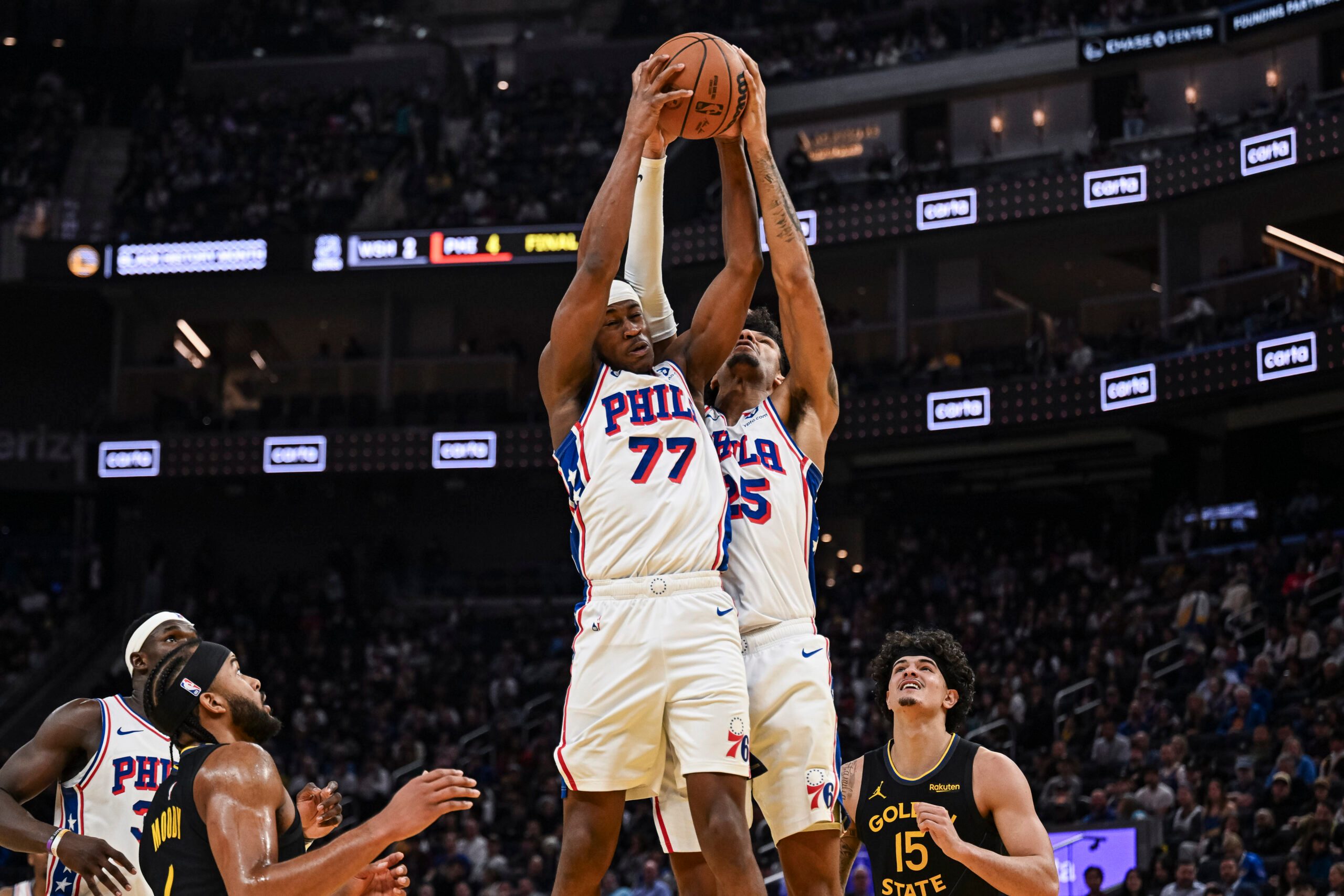 Feb 3, 2026; San Francisco, California, USA; Philadelphia 76ers guard Vj Edgecombe (77) and forward Dominick Barlow (25) during the fourth period at Chase Center. Mandatory Credit: Justine Willard-Imagn Images
