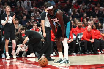 Feb 3, 2026; Portland, Oregon, USA;  Portland Trail Blazers guard Jrue Holiday (5) reacts after losing the ball out of bounds against the Phoenix Suns during the second half at Moda Center. Mandatory Credit: Jaime Valdez-Imagn Images