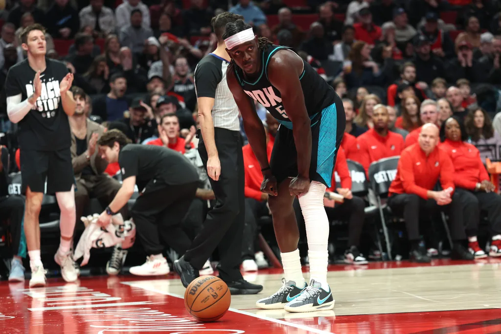 Feb 3, 2026; Portland, Oregon, USA; Portland Trail Blazers guard Jrue Holiday (5) reacts after losing the ball out of bounds against the Phoenix Suns during the second half at Moda Center. Mandatory Credit: Jaime Valdez-Imagn Images