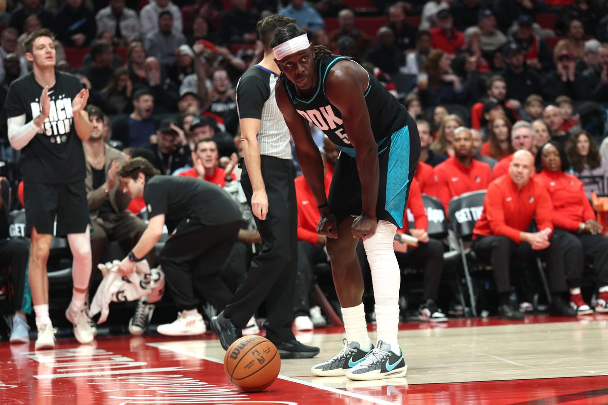 Feb 3, 2026; Portland, Oregon, USA; Portland Trail Blazers guard Jrue Holiday (5) reacts after losing the ball out of bounds against the Phoenix Suns during the second half at Moda Center. Mandatory Credit: Jaime Valdez-Imagn Images
