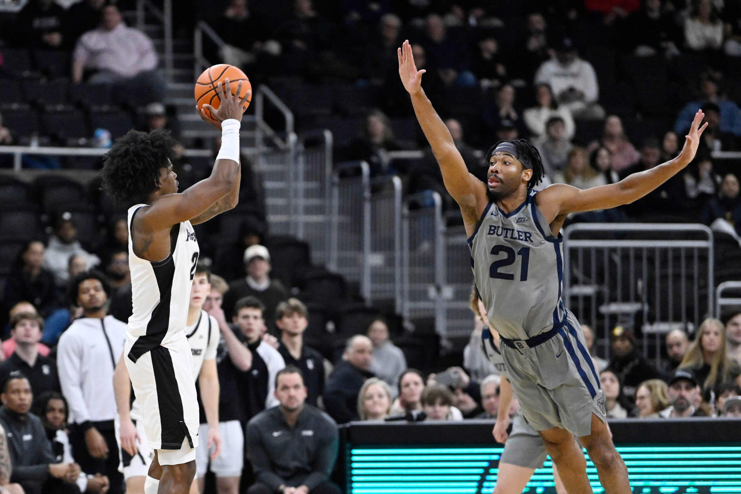 Feb 4, 2026; Providence, Rhode Island, USA; Providence Friars guard Jaylin Sellers (2) shoots for three points against Butler Bulldogs forward Yohan Traore (21) during the second half at Amica Mutual Pavilion. Mandatory Credit: Eric Canha-Imagn Images