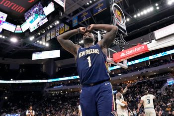 Feb 4, 2026; Milwaukee, Wisconsin, USA;  New Orleans Pelicans forward Zion Williamson (1) reacts to a call during overtime against the Milwaukee Bucks at Fiserv Forum. Mandatory Credit: Jeff Hanisch-Imagn Images