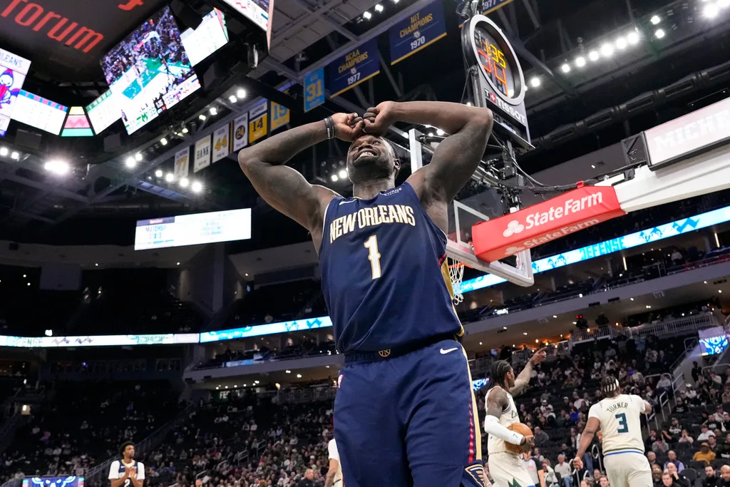 Feb 4, 2026; Milwaukee, Wisconsin, USA; New Orleans Pelicans forward Zion Williamson (1) reacts to a call during overtime against the Milwaukee Bucks at Fiserv Forum. Mandatory Credit: Jeff Hanisch-Imagn Images