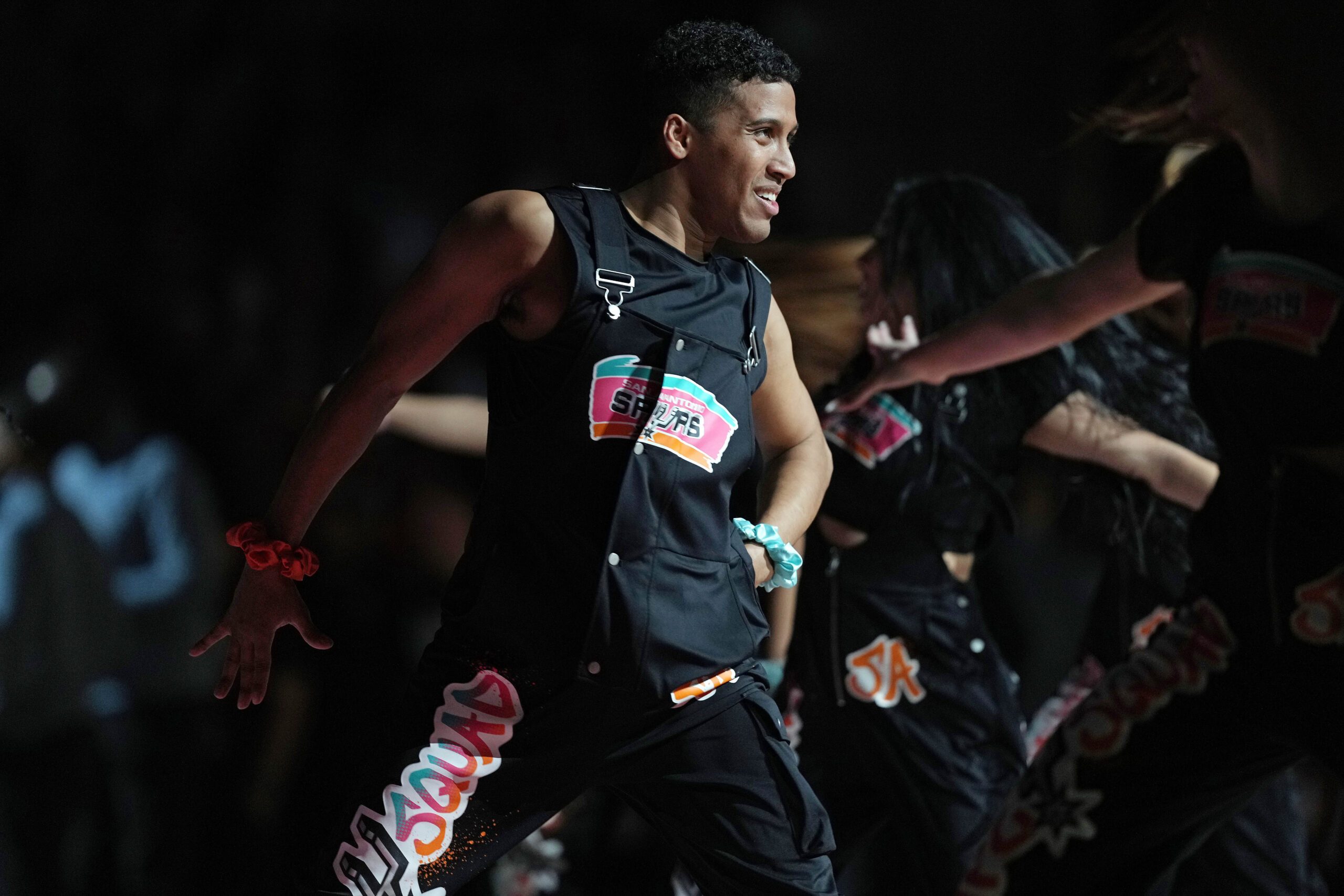 Feb 4, 2026; San Antonio, Texas, USA; San Antonio Spurs hype squad performs during the first half against the Oklahoma City Thunder at Frost Bank Center. Mandatory Credit: Scott Wachter-Imagn Images