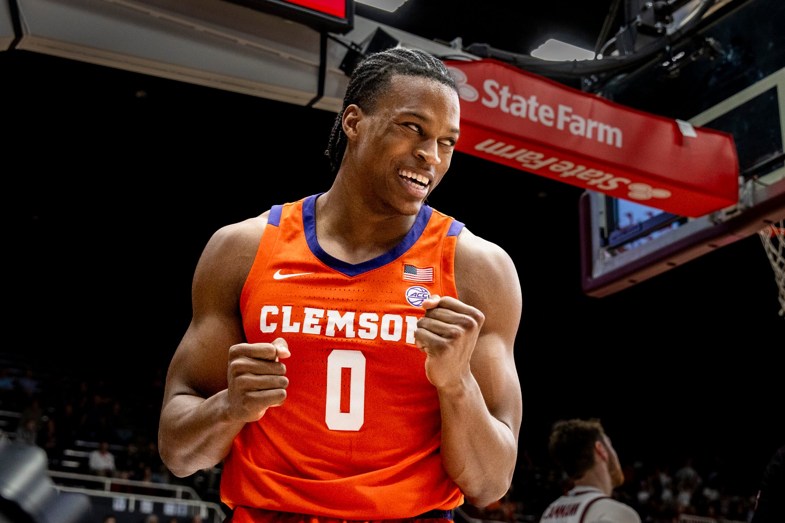 Feb 4, 2026; Stanford, California, USA;  Clemson Tigers forward RJ Godfrey (0) reacts after scoring and drawing a foul against the Stanford Cardinal during the second half at Maples Pavilion. Mandatory Credit: John Hefti-Imagn Images