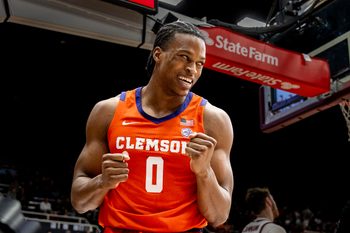 Feb 4, 2026; Stanford, California, USA;  Clemson Tigers forward RJ Godfrey (0) reacts after scoring and drawing a foul against the Stanford Cardinal during the second half at Maples Pavilion. Mandatory Credit: John Hefti-Imagn Images