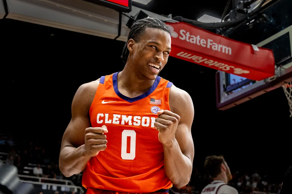 Feb 4, 2026; Stanford, California, USA; Clemson Tigers forward RJ Godfrey (0) reacts after scoring and drawing a foul against the Stanford Cardinal during the second half at Maples Pavilion. Mandatory Credit: John Hefti-Imagn Images