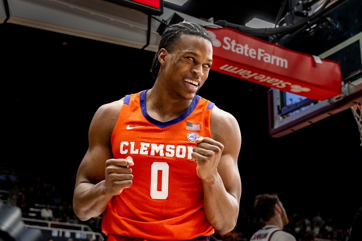 Feb 4, 2026; Stanford, California, USA; Clemson Tigers forward RJ Godfrey (0) reacts after scoring and drawing a foul against the Stanford Cardinal during the second half at Maples Pavilion. Mandatory Credit: John Hefti-Imagn Images