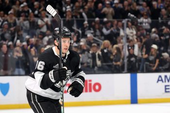 Feb 4, 2026; Los Angeles, California, USA;  Los Angeles Kings left wing Andrei Kuzmenko (96) skates back to the bench after scoring a goal during the second period against the Seattle Kraken at Crypto.com Arena. Mandatory Credit: Kiyoshi Mio-Imagn Images